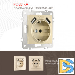 Розетка с заземлением, шторками + 2 USB Arte Milano 206.47-1.shampan