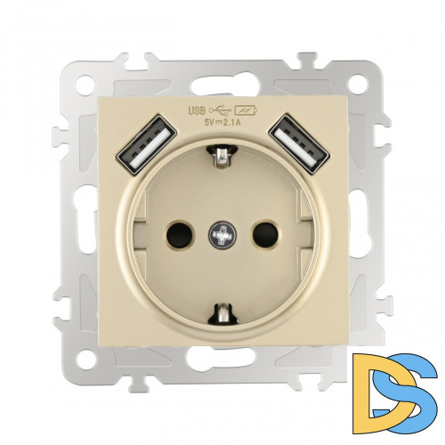 Розетка с заземлением, шторками + 2 USB Arte Milano 206.47-1.shampan