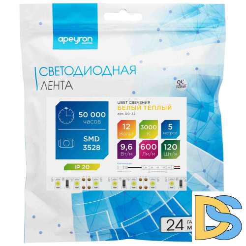 Светодиодная лента Apeyron 12В СТ 9,6Вт/м smd3528, 120д/м IP20 600Лм/м 5м 3000К 00-32
