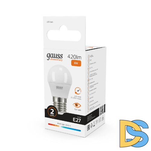 Лампа светодиодная Gauss E27 6W 3000K шар матовый 53216