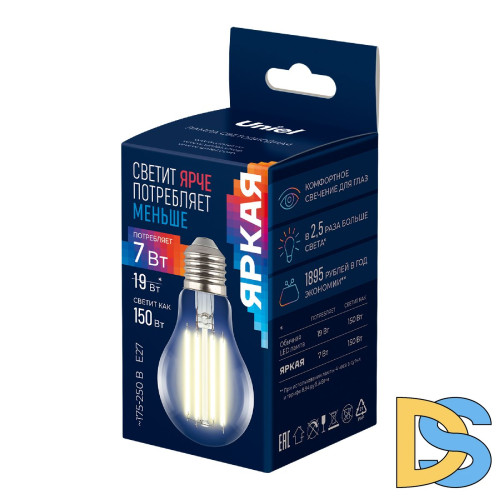 Лампа светодиодная филаментная Uniel LED-A60-7W/3000K/E27/CL GLY01TR UL-00011934