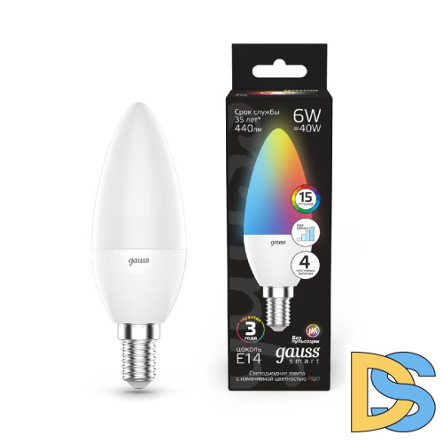 Лампа светодиодная диммируемая Gauss E14 6W RGBW свеча матовая 103101406
