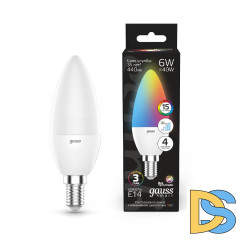 Лампа светодиодная диммируемая Gauss E14 6W RGBW свеча матовая 103101406