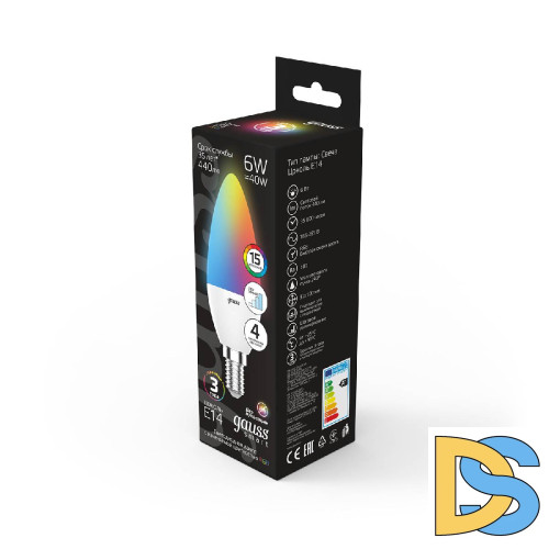 Лампа светодиодная диммируемая Gauss E14 6W RGBW свеча матовая 103101406