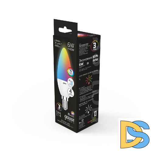 Лампа светодиодная диммируемая Gauss E14 6W RGBW свеча матовая 103101406