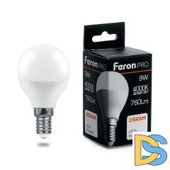 Лампа светодиодная Feron Pro E14 9W 4000K шар матовый LB-1409 38078