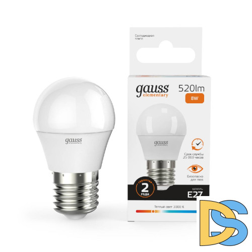 Лампа светодиодная Gauss E27 8W 3000K шар матовый 53218