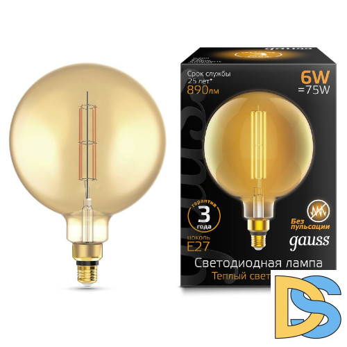 Лампа светодиодная филаментная Gauss E27 6W 2700K шар янтарный 154802118