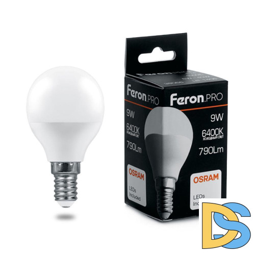 Лампа светодиодная Feron Pro E14 9W 6400K шар матовый LB-1409 38079
