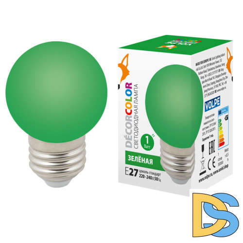 Лампа декоративная светодиодная (UL-00005648) Volpe E27 1W зеленая LED-G45-1W/GREEN/E27/FR/С