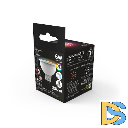Лампа светодиодная диммируемая Gauss GU5.3 6W RGBW рефлектор матовый 101105406