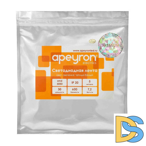 Светодиодная лента Apeyron 12В 5050 7,2Вт/м 3000К 600Лм/м 5м IP20 00-437