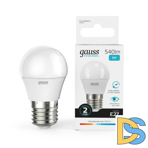 Лампа светодиодная Gauss E27 8W 4100K шар матовый 53228