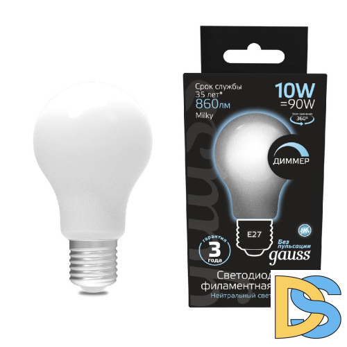Лампа светодиодная диммируемая Gauss филаментная E27 10W 4100К матовая 102202210-D