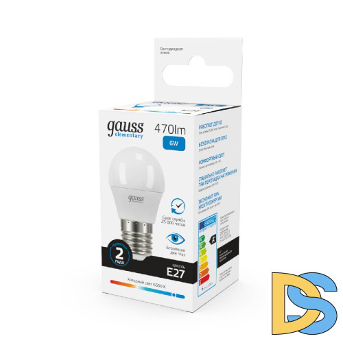 Лампа светодиодная Gauss E27 6W 6500K шар матовый 53236