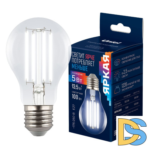 Лампа светодиодная филаментная Uniel LED-A60-5W/4000K/E27/CL GLY01TR UL-00011933