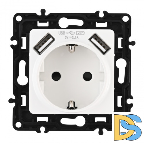 Розетка с заземлением, шторками + 2 USB Arte Milano 217.47-1.white