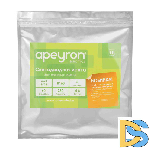 Светодиодная лента Apeyron 12В СТ 4,8Вт/м smd3528, 60д/м IP67 (НАНО) 5м зеленая 00-85