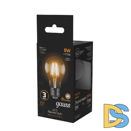 Лампа светодиодная филаментная Gauss E27 8W 2700К прозрачная 102802108