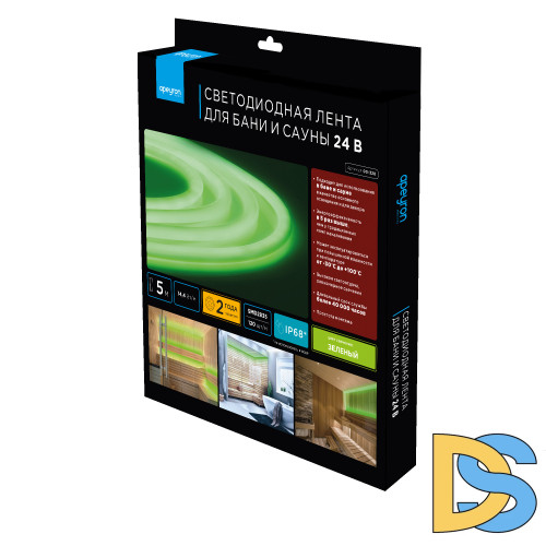 Светодиодная лента для бани и сауны Apeyron 5м 24В СТ 14,4Вт/м smd2835 120д/м IP68 зеленая 00-328