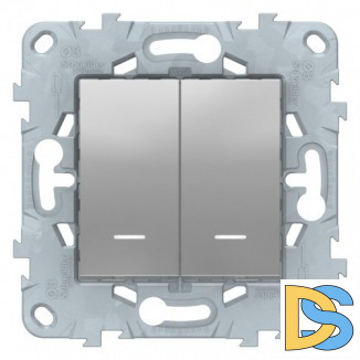 Выключатель 2-клавишный, с подсветкой, Алюминий, серия Unica New, Schneider Electric
