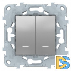 Выключатель 2-клавишный, с подсветкой, Алюминий, серия Unica New, Schneider Electric