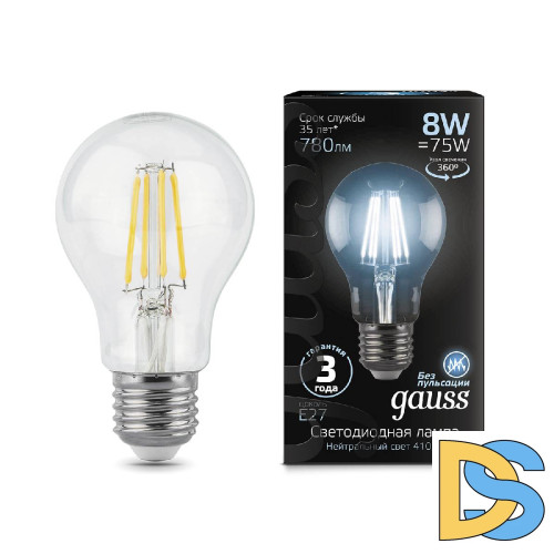 Лампа светодиодная филаментная Gauss E27 8W 4100К прозрачная 102802208