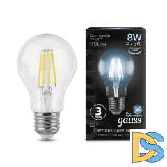 Лампа светодиодная филаментная Gauss E27 8W 4100К прозрачная 102802208