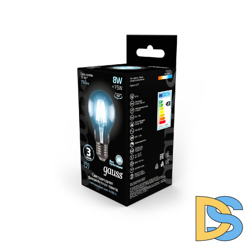 Лампа светодиодная филаментная Gauss E27 8W 4100К прозрачная 102802208