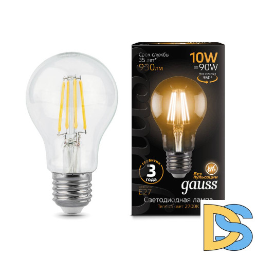Лампа светодиодная филаментная Gauss E27 10W 2700К прозрачная 102802110