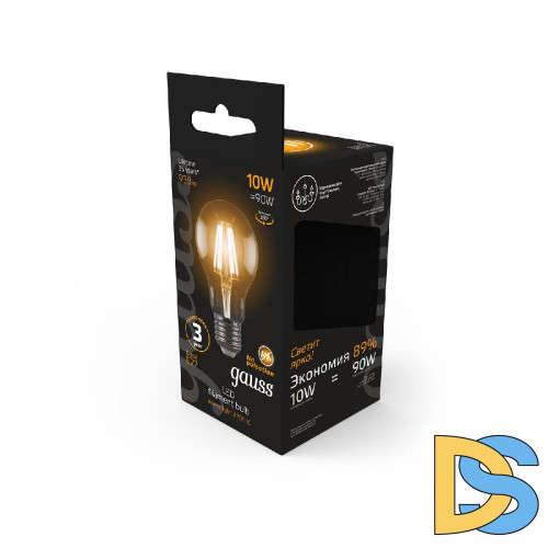 Лампа светодиодная филаментная Gauss E27 10W 2700К прозрачная 102802110