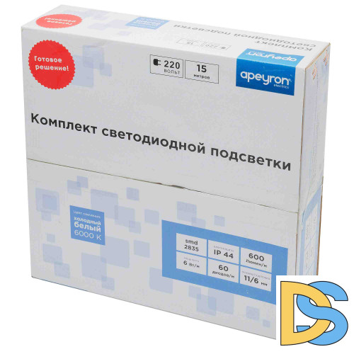 Светодиодная лента Apeyron 220В 6Вт/м smd2835 60д/м IP65 600Лм/м 15м 6500К 10-54