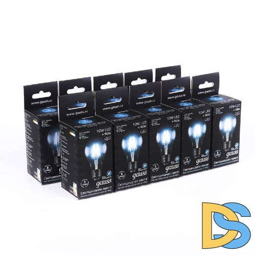 Лампа светодиодная филаментная Gauss E27 10W 4100К прозрачная 102802210