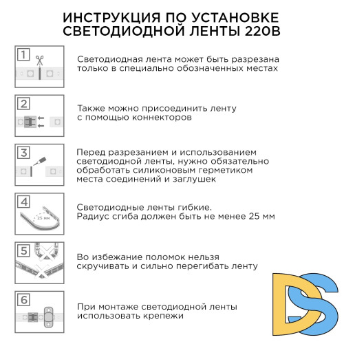 Комплект светодиодной ленты Apeyron 220В 6Вт/м smd2835 60д/м IP65 5м 6500К (сетевой шнур, заглушка, крепежи) 10-55