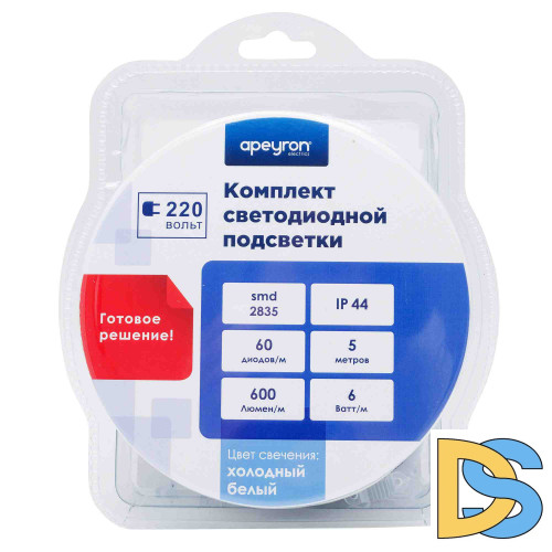 Комплект светодиодной ленты Apeyron 220В 6Вт/м smd2835 60д/м IP65 5м 6500К (сетевой шнур, заглушка, крепежи) 10-55