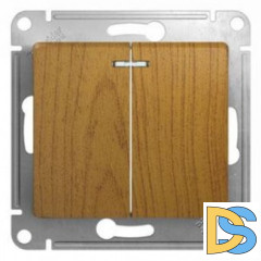 Выключатель 2-клавишный, с подсветкой, Дерево Дуб, серия Glossa, Schneider Electric