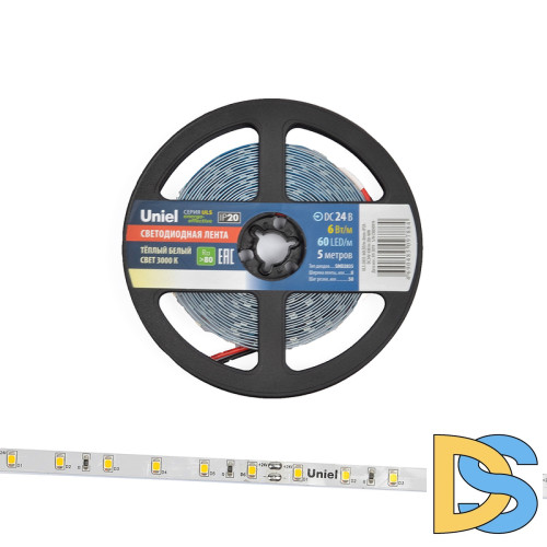 Светодиодная лента Uniel ULS-2835-60LED/m-8mm-IP20-DC24V-6W/m-5M-WW катушка в герметичной упаковке