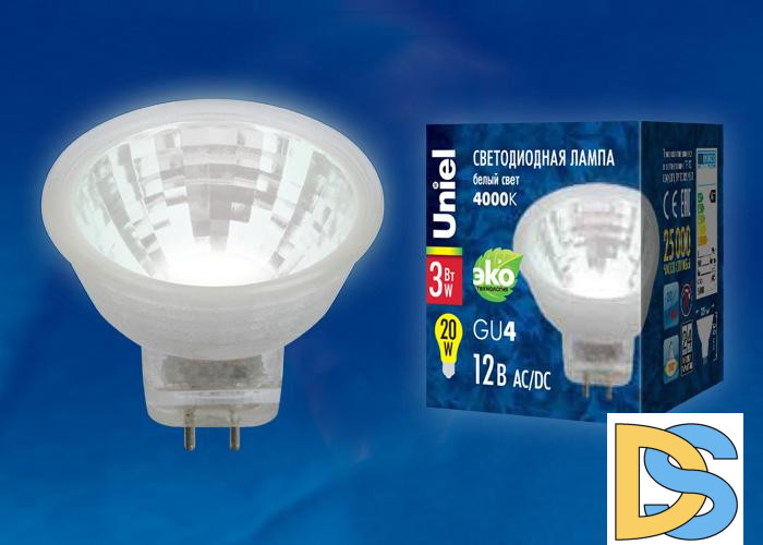 Лампа светодиодная (UL-00001700) Uniel GU4 3W 3000K прозрачная LED-MR11-3W/WW/GU4 GLZ21TR