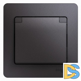 Розетка 1-ая электрическая, с заземлением и крышкой, защитными шторками(в сборе), Графит, серия Glossa, Schneider Electric