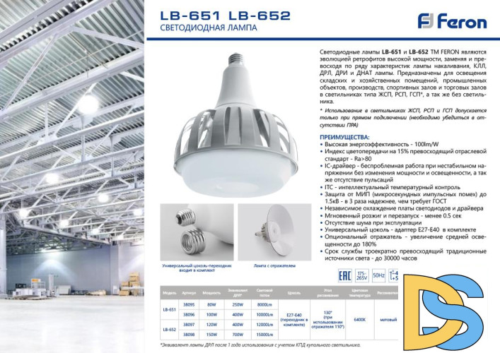 Лампа светодиодная Feron E27-E40 100W 6400K матовая LB-651 38096