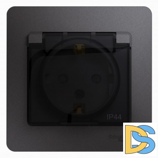 Розетка 1-ая электрическая, с заземлением и крышкой, Графит, серия Glossa, Schneider Electric