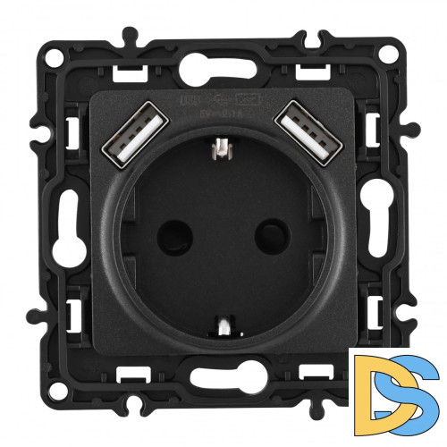 Розетка с заземлением, шторками + 2 USB Arte Milano 217.47-1.black