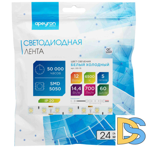 Светодиодная лента Apeyron 12В СТ 14,4Вт/м smd5050 60д/м IP20 700Лм/м 5м 6500К 00-15