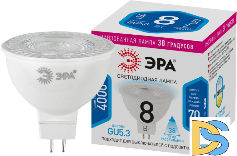 Лампа светодиодная Эра GU5.3 8W 4000K LED Lense MR16-8W-840-GU5.3 Б0054939
