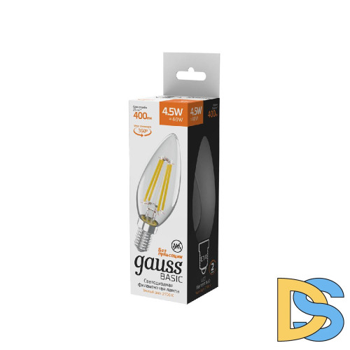 Лампа светодиодная филаментная Gauss E14 4,5W 2700К прозрачная 1031115
