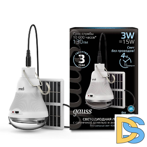 Лампа светодиодная Gauss с солнечной панелью 3W 4000K матовая 902102203