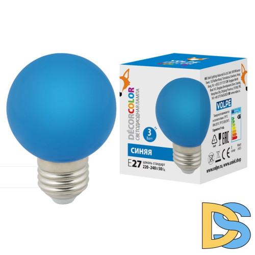 Лампа светодиодная Volpe E27 3W синий шар LED-G60-3W/Blue/E27/FR/С UL-00006957