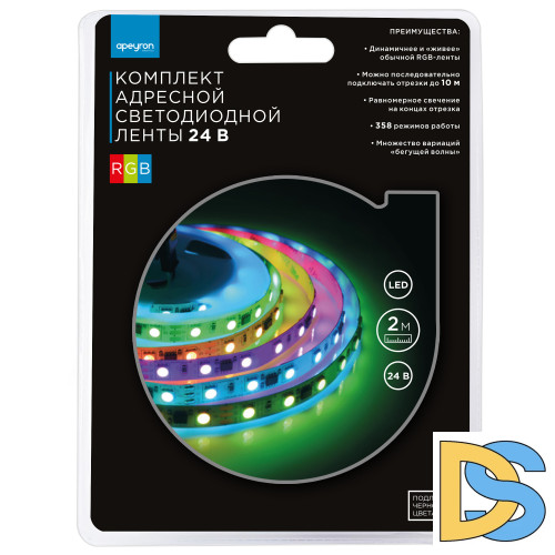 Комплект адресной светодиодной ленты Apeyron 24В 14,4Вт/м smd5050 60д/м IP20 2м RGB (адаптер питания, контроллер) 10-92