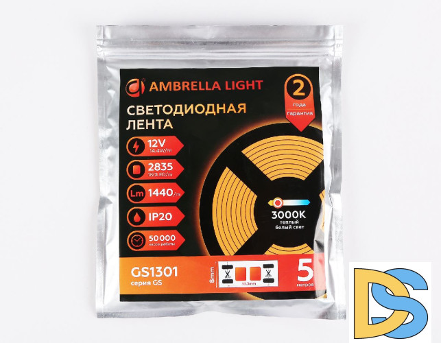 Светодиодная лента Ambrella Light LED Strip 12В 2835 14,4Вт/м 3000K 5м IP20 GS1301