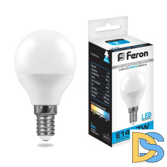 Лампа светодиодная Feron E14 7W 6400K Шар Матовая LB-95 25480
